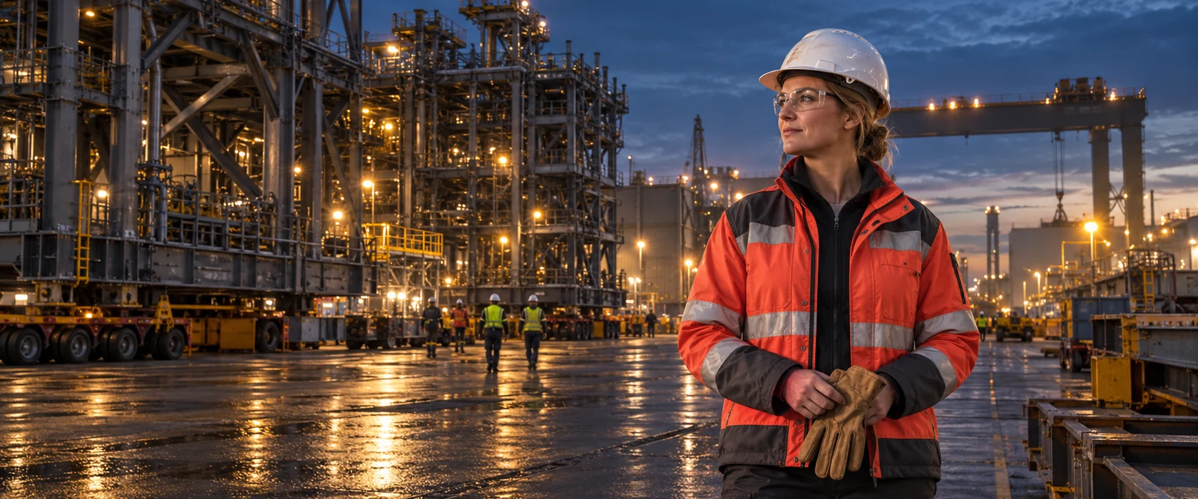 Tradesperson on a shipyard shift, paid on schedule through Wide Effect payroll funding