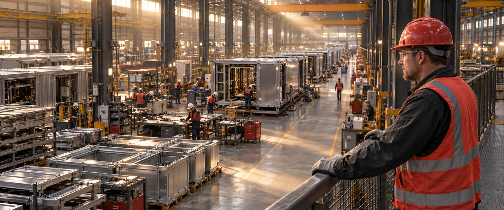 Manufacturing floor with skilled trades crew working a production line